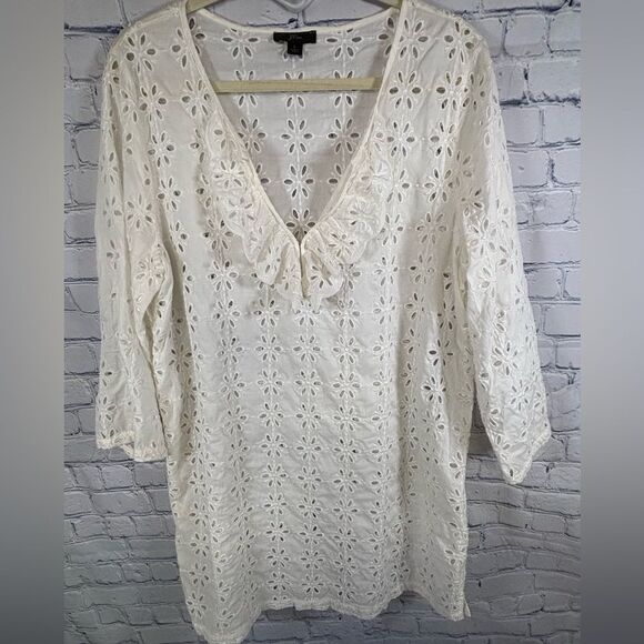 J. Crew Other - J Crew Cream Eyelet Long Sleeve Deep V Beach Resort Vacation Cover Up Dress L